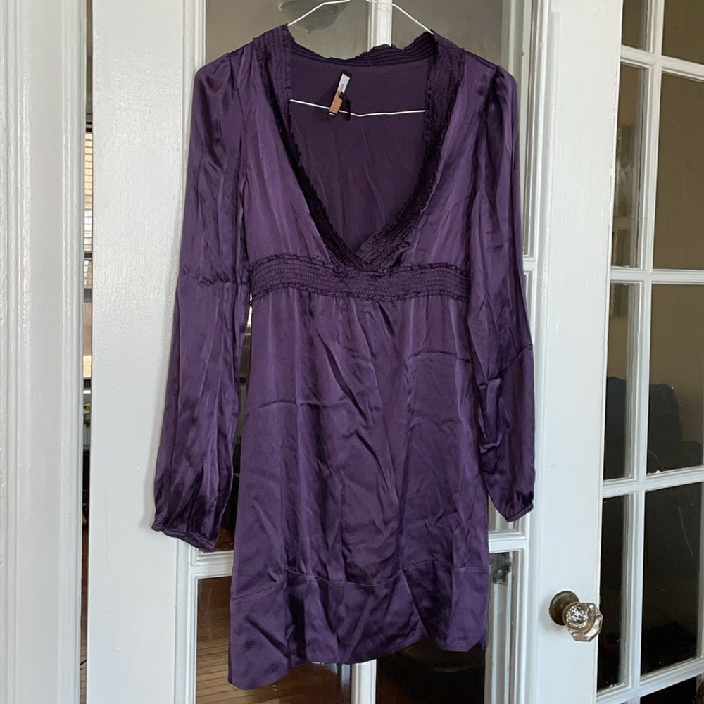 BCBG MaxAzaria Y2K royal purple empire long sleeve mini silk dress baby doll
